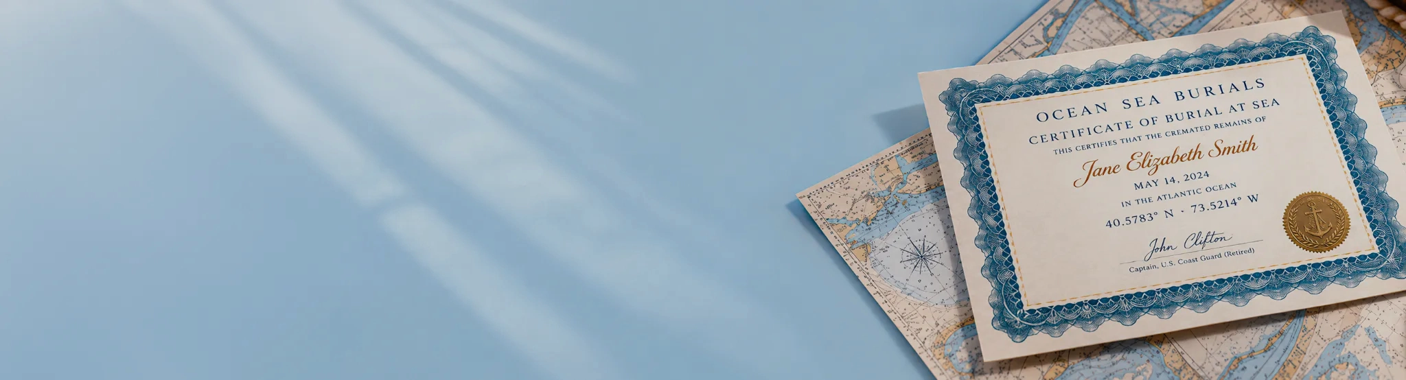 Sample Ocean Sea Burials certificate displayed on a nautical chart.