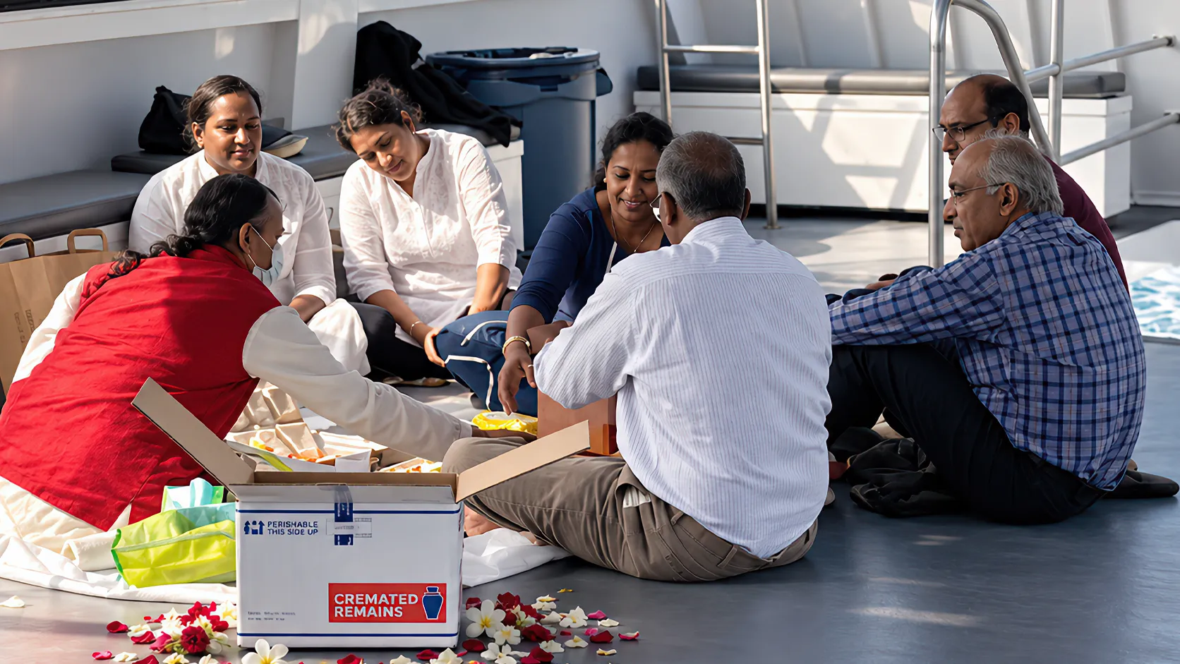 Family preparing flowers for a Hindu or Sikh burial-at-sea ceremony aboard a vessel.