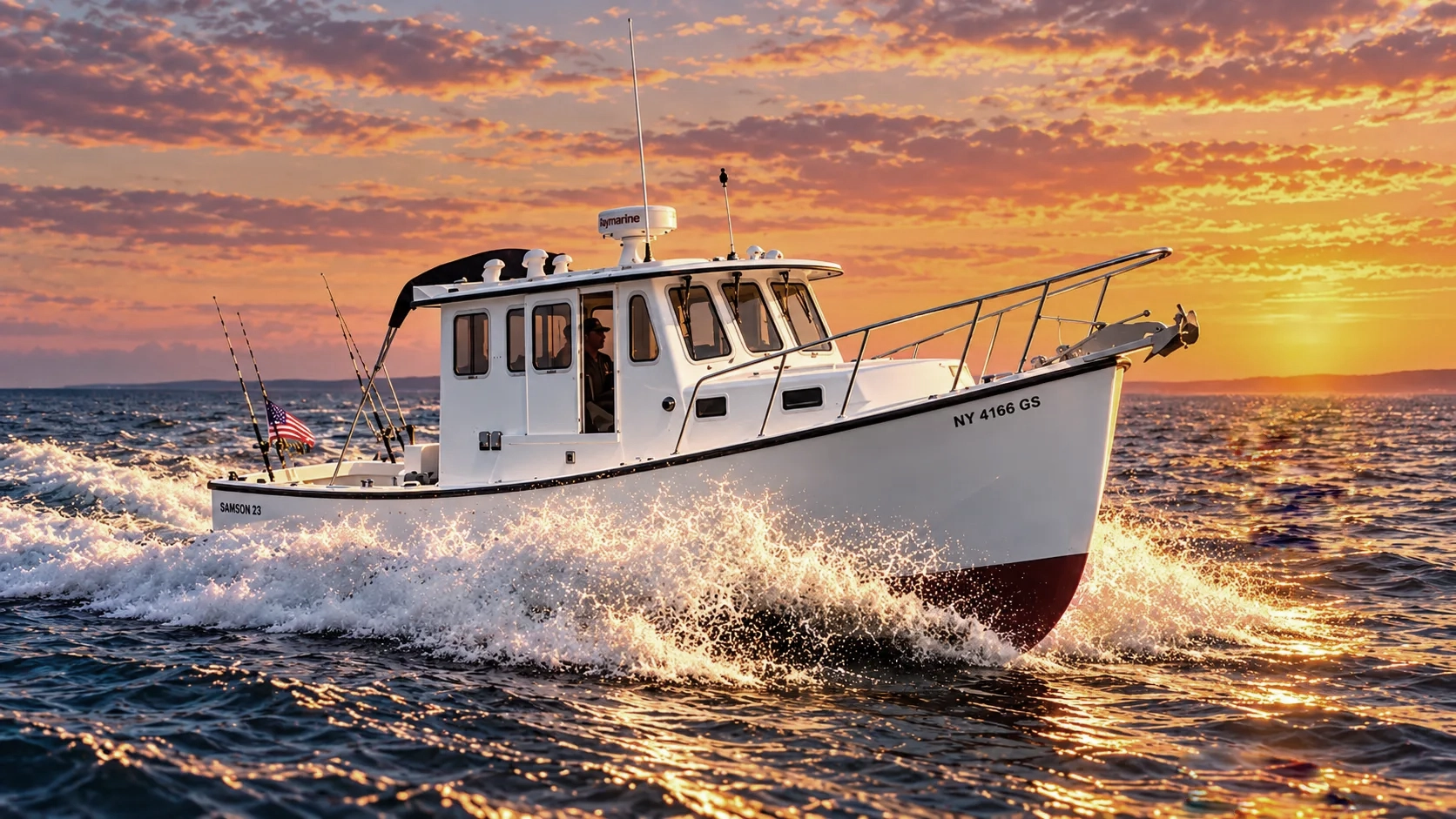 Burial at sea vessel traveling across the Atlantic Ocean at sunset.