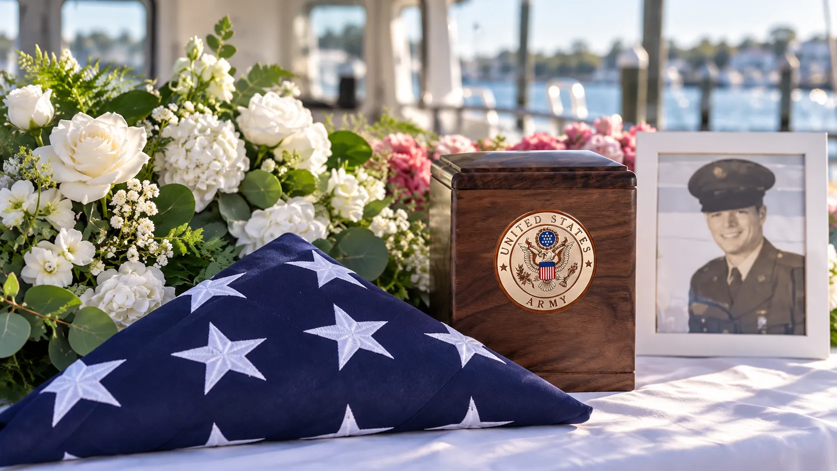 Veterans burial at sea memorial display with folded American flag, flowers, urn, and service member photograph.